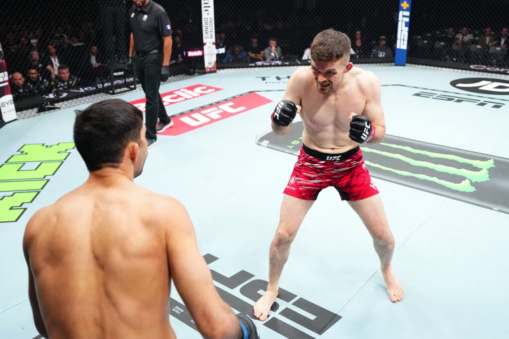 Harry Hardwick walks Kaue Fernandes down during UFC Paris fight
