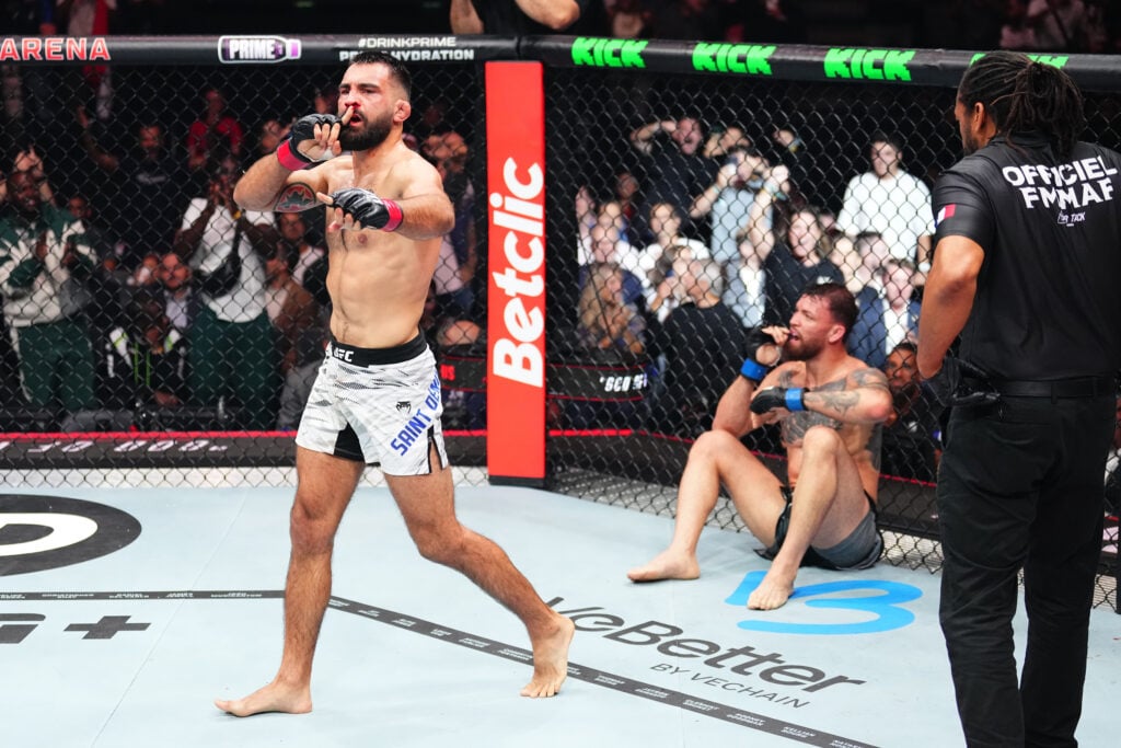 Benoit Saint-Denis celebrates after beating Mauricio Ruffy at UFC Paris