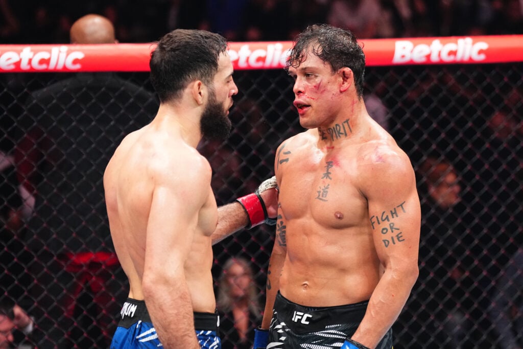 Nassourdine Imavov and Caio Borralho embrace after their UFC Paris fight
