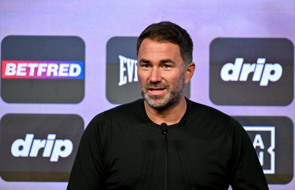 Eddie Hearn speaking during a media conference in Belfast