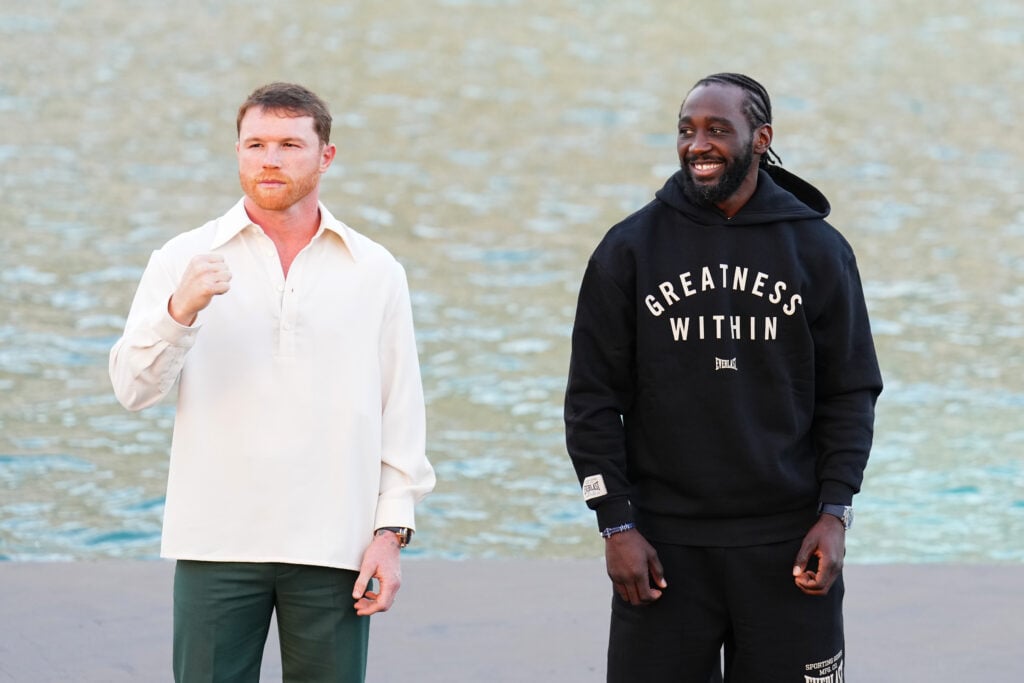 Canelo Alvarez and Terence Crawford pose during fight week in Las Vegas