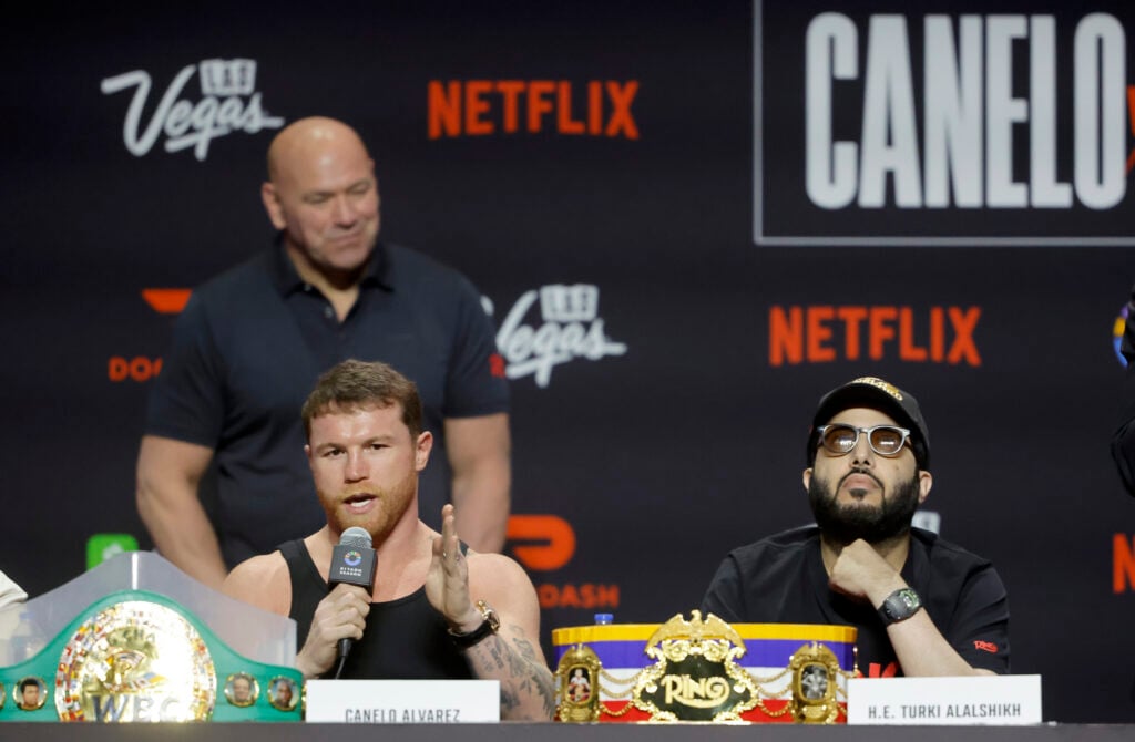 Canelo Alvarez speaking at the Canelo vs. Crawford press conference