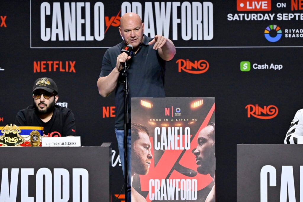 Dana White speaks to the crowd at the Canelo vs Crawford press conference
