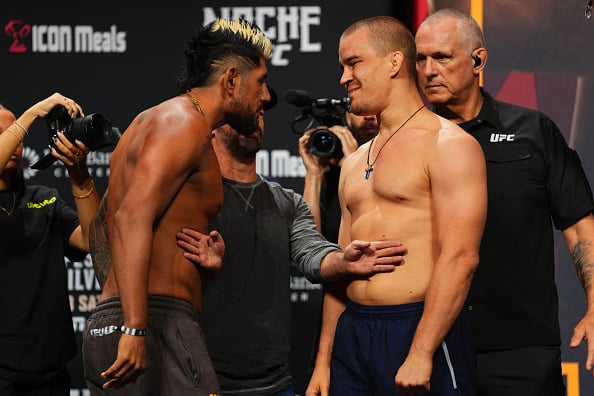 Opponents Jose Daniel Medina of Bolivia and Dusko Todorovic at Noche UFC Ceremonial Weigh-in