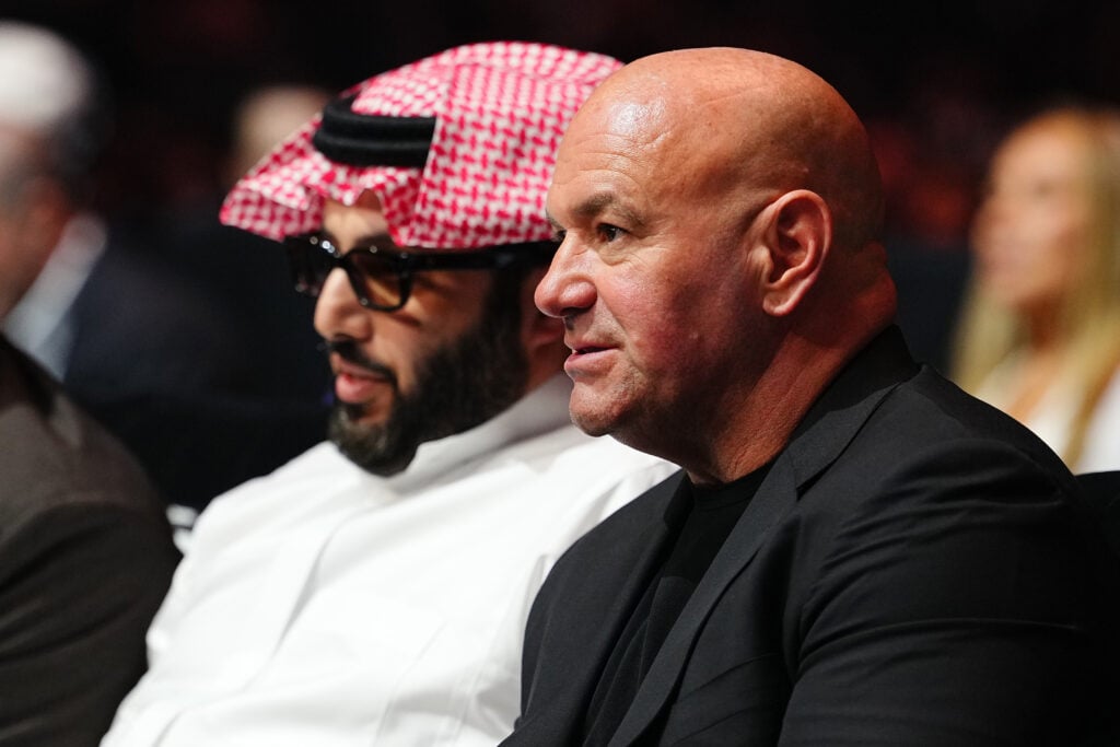 Dana White and Turki Alalshikh watch on ringside during the undercard of Canelo Alvarez vs Terence Crawford