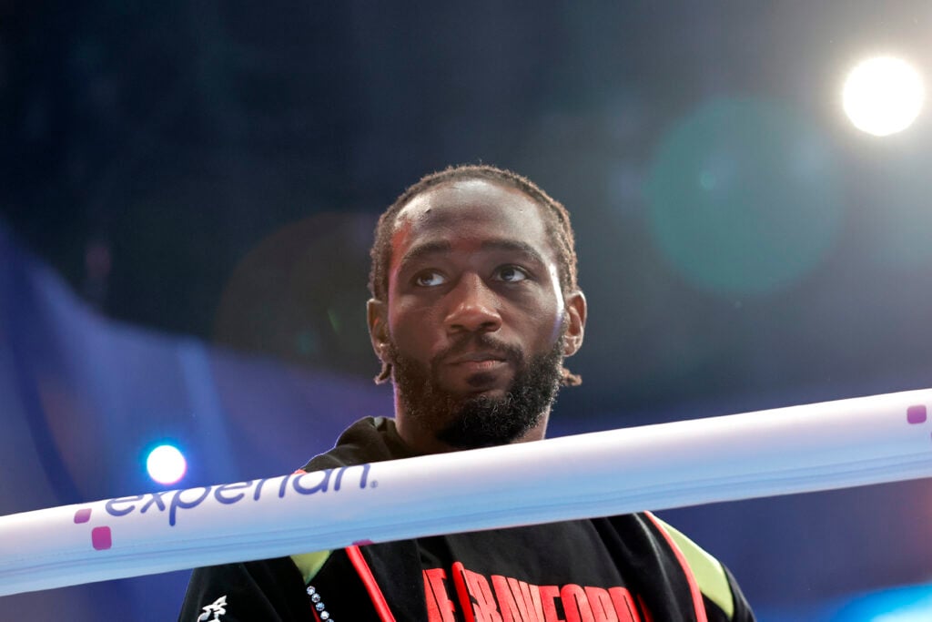 Terence Crawford in the ring ahead of his undisputed super middleweight title fight with Canelo Alvarez in September, 2025.