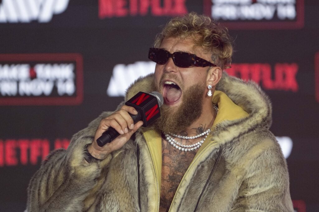 Jake Paul speaks during a press conference ahead of his fight with Gervonta Davis in New York.
