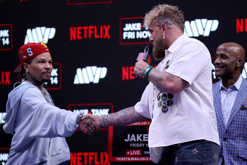 Jake Paul and Gervonta Davis shake hands at a press conference