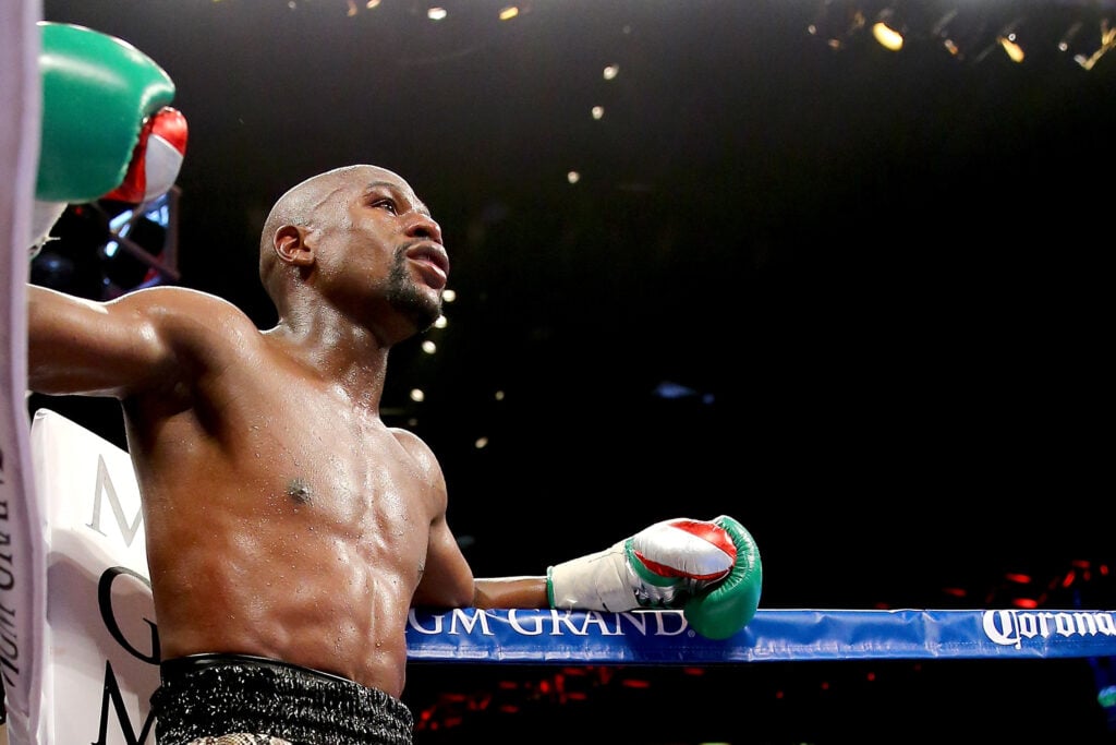 Floyd Mayweather in his corner during his welterweight title fight with Marcos Maidana in September, 2014.