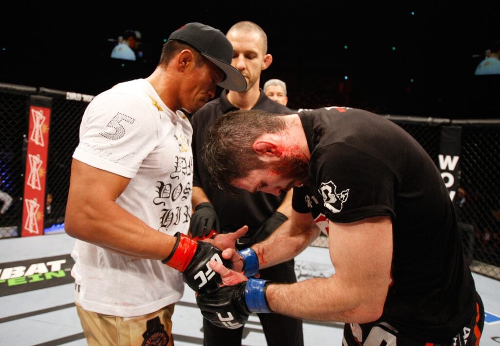 Yoshihiro Akiyama and Amir Sadollah embrace after their UFC fight in Japan