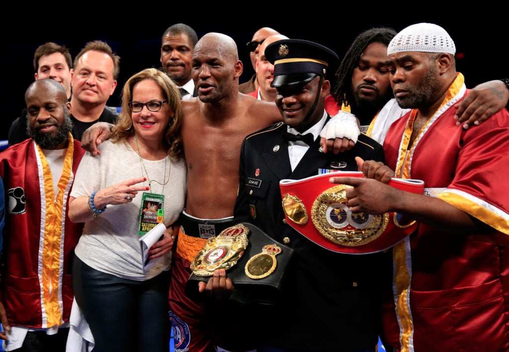Bernard Hopkins celebrates in the ring after his title fight win over Beibut Shumenov in April, 2014.