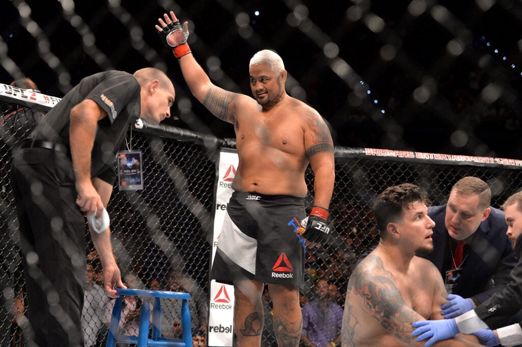 Mark Hunt celebrates after knocking down Frank Mir at UFC Brisbane