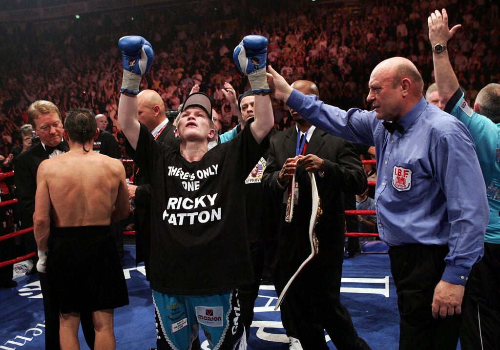Ricky Hatton celebrates beating Kostya Tszyu during the IBF light welterweight title fight at the MEN Arena on June 4, 2005 in Manchester, England.