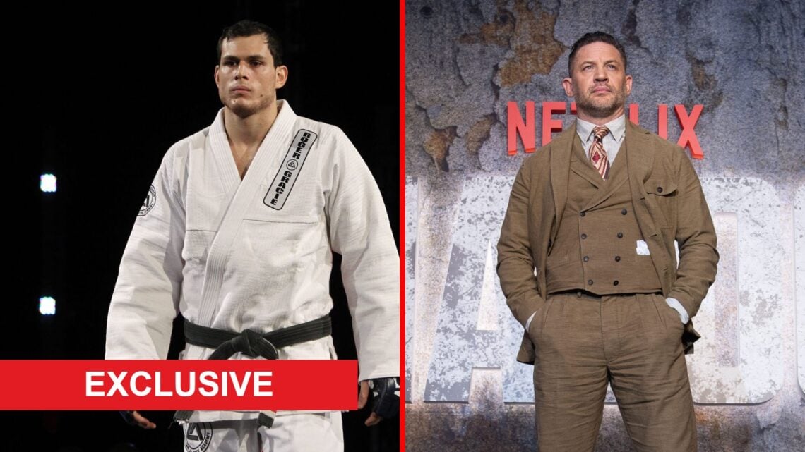 Split image of Roger Gracie in BJJ Gi and Tom Hardy at Netflix event with exclusive label