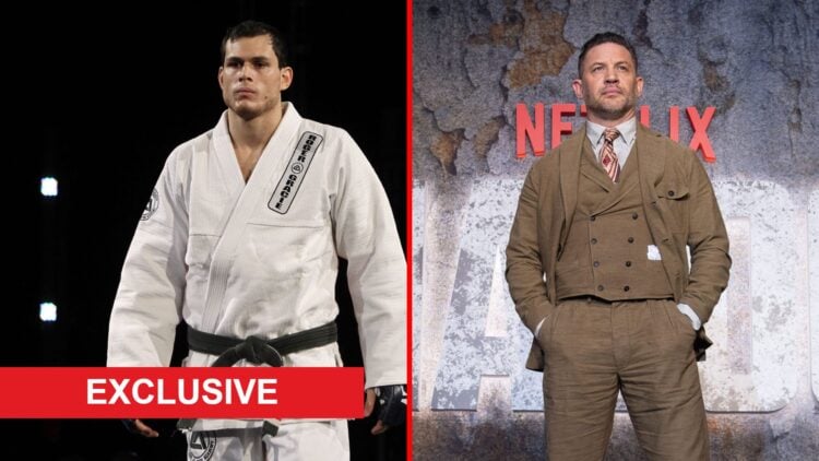 Split image of Roger Gracie in BJJ Gi and Tom Hardy at Netflix event with exclusive label