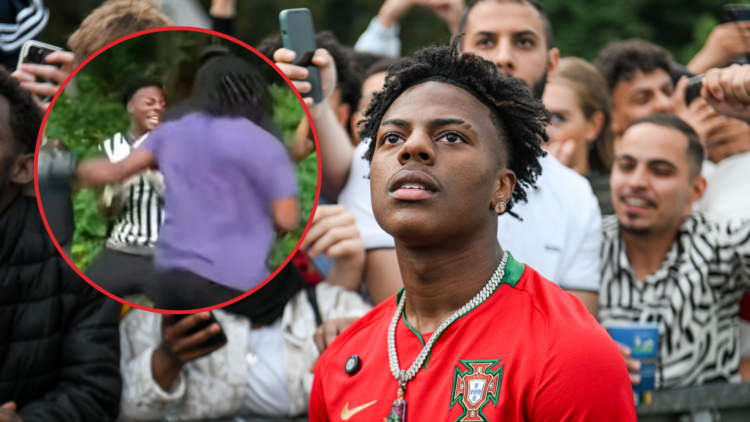 IShowSpeed at the Official Fan Zone during the UEFA EURO 2024 match with an inset of him having a street fight