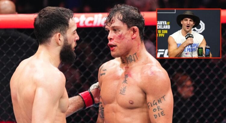 Nassourdine Imavov and Caio Borralho after their fight, inset of Sean Strickland at a UFC press conference
