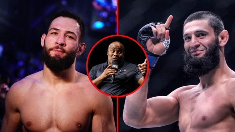 Split image of Nassourdine Imavov and Khamzat Chimaev after fights with an inset of Daniel Cormier