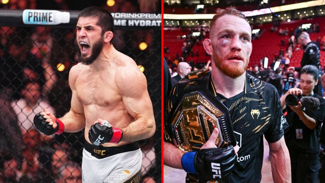 Split image of Islam Makhachev and Jack Della Maddalena celebrating