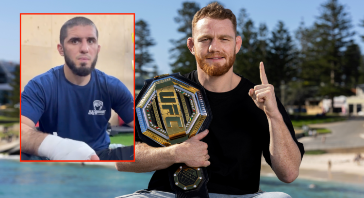 Main photo shows Jack Della Maddalena with his UFC belt, block shows Islam Makhachev after a training session