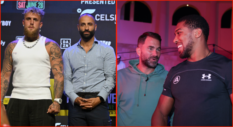 Jake Paul and Nakisa Bidarian (left) and Eddie Hearn and Anthony Joshua (right)