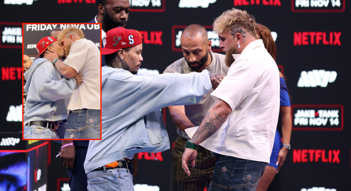 Gervonta Davis pushes Jake Paul, with a block showing an AI photo of the pair kissing