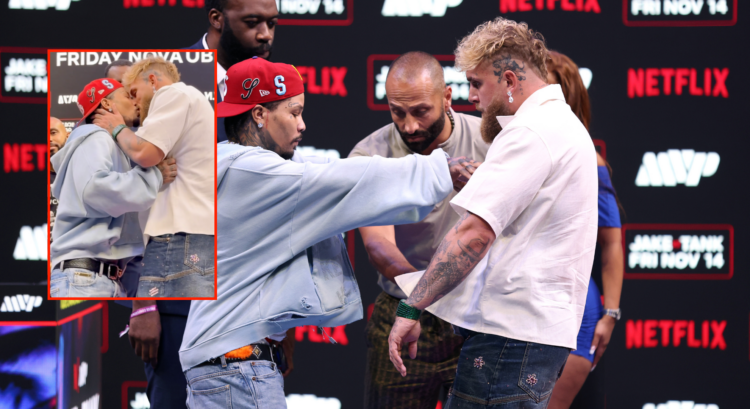 Gervonta Davis pushes Jake Paul, with a block showing an AI photo of the pair kissing