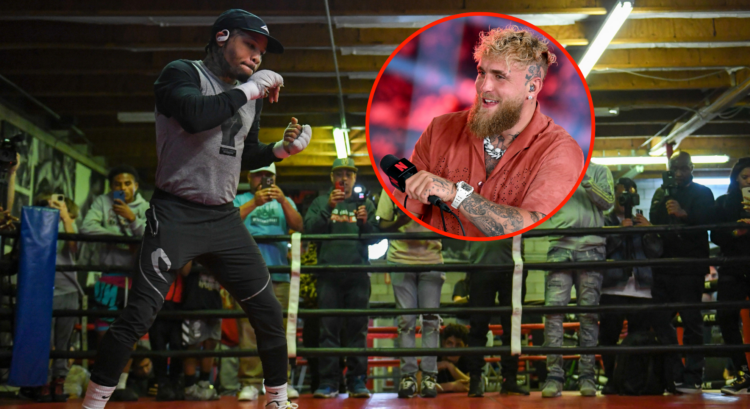 Gervonta Davis training in the boxing gym with reporters watching in the background. Bubble shows Jake Paul laughing into a Netflix microphone