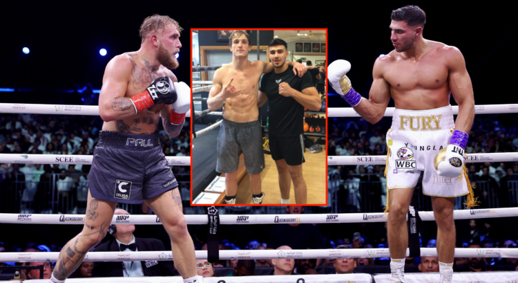 Main photo shows Jake Paul and Tommy Fury eyeing each other up during their boxing fight. Block image shows Logan Paul and Tommy Fury in the gym fi...