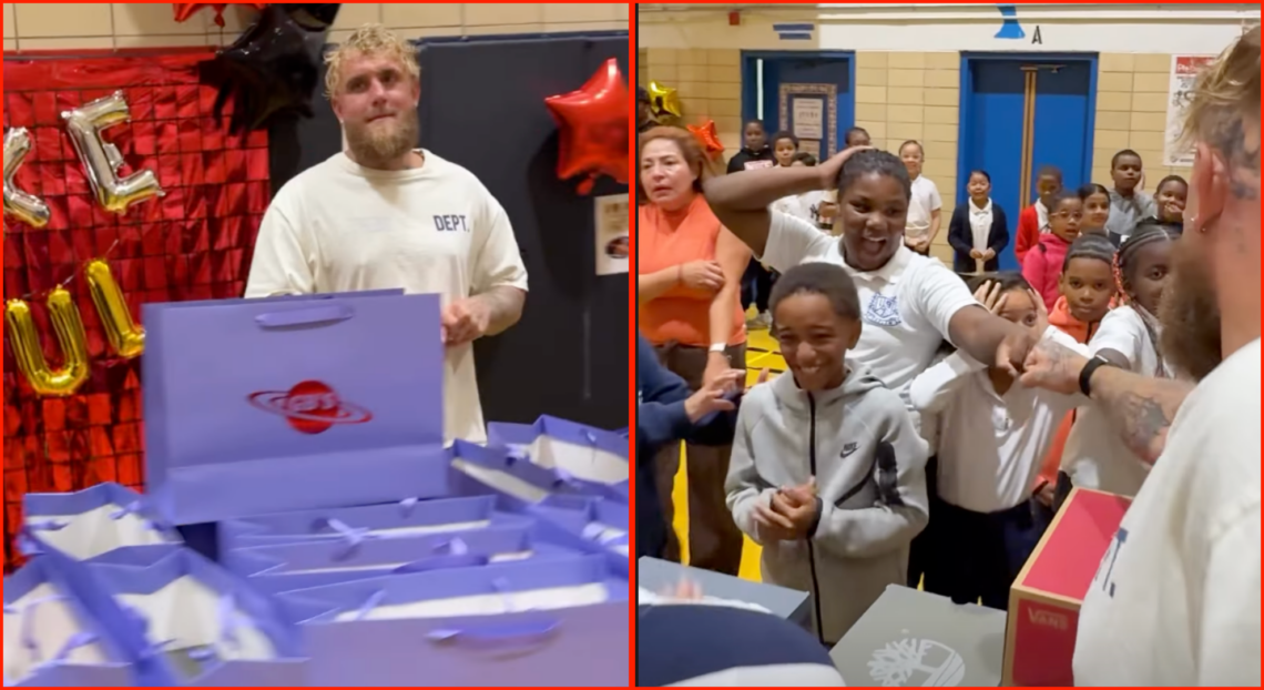 Two photos showing Jake Paul gifting shoes to children, with boxes in front of him