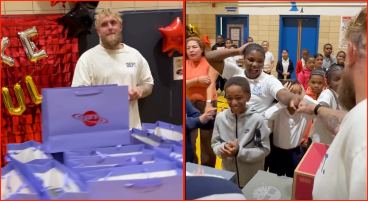 Two photos showing Jake Paul gifting shoes to children, with boxes in front of him