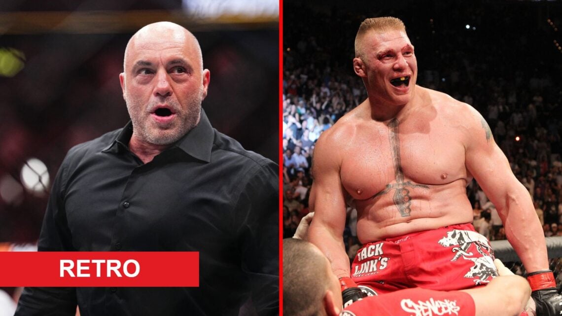 Split image of Joe Rogan and Brock Lesnar inside the octagon with retro label