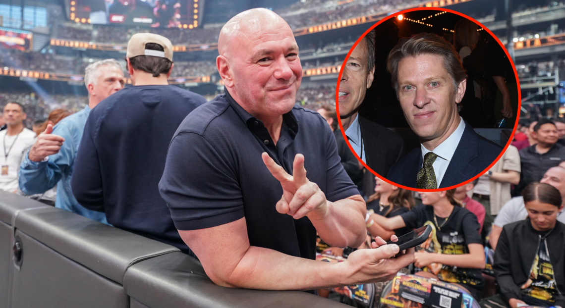 Dana White at Wrestlemania giving the peace sign, with a bubble showing PFL boss John Martin