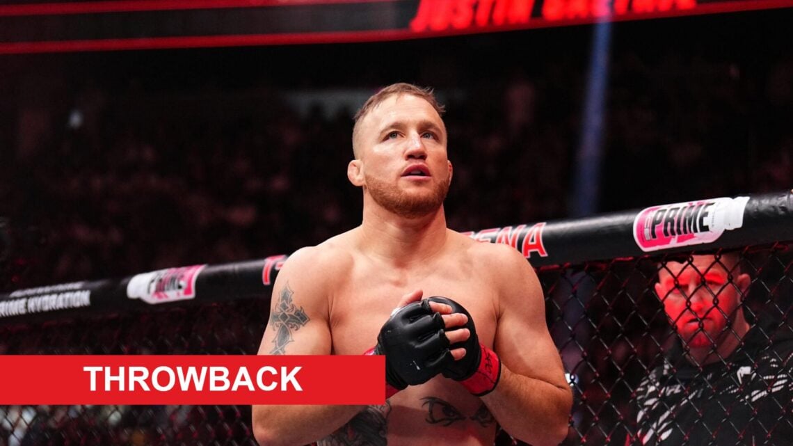 Justin Gaethje inside the octagon with throwback label