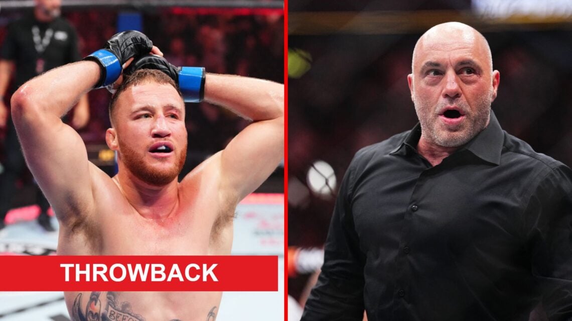 Split image of Justin Gaethje and Joe Rogan inside the octagon with throwback label
