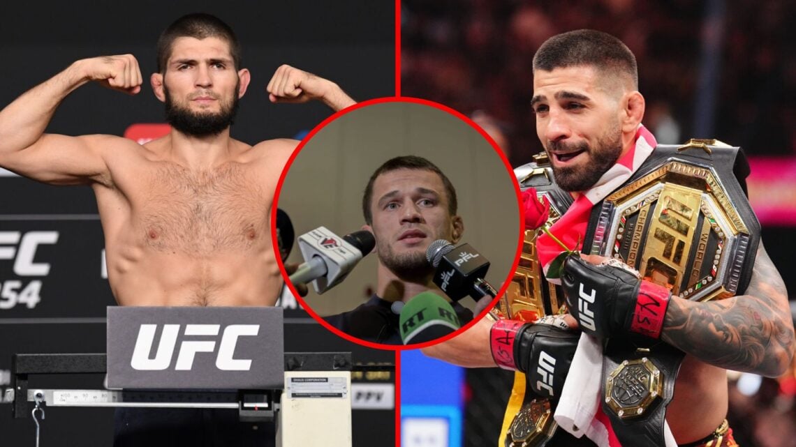 Split image of Khabib Nurmagomedov weighing-in and Ilia Topuria celebrating with inset of Usman Nurmagomedov