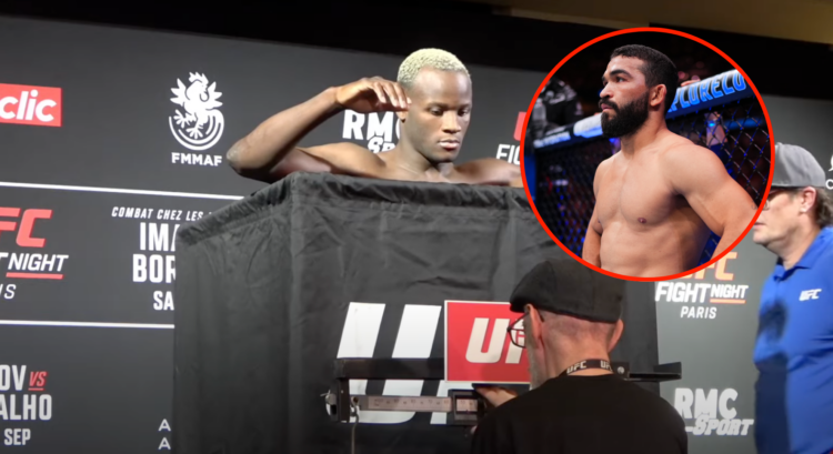 Losene Keita weighing in behind a curtain at a UFC event. Bubble shows Patricio Pitbull ahead of a fight
