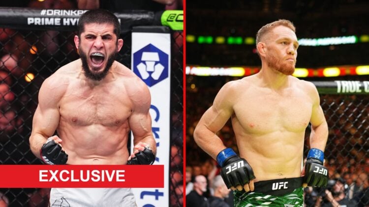 Split image of Islam Makhachev and Jack Della Maddalena in the octagon with exclusive label