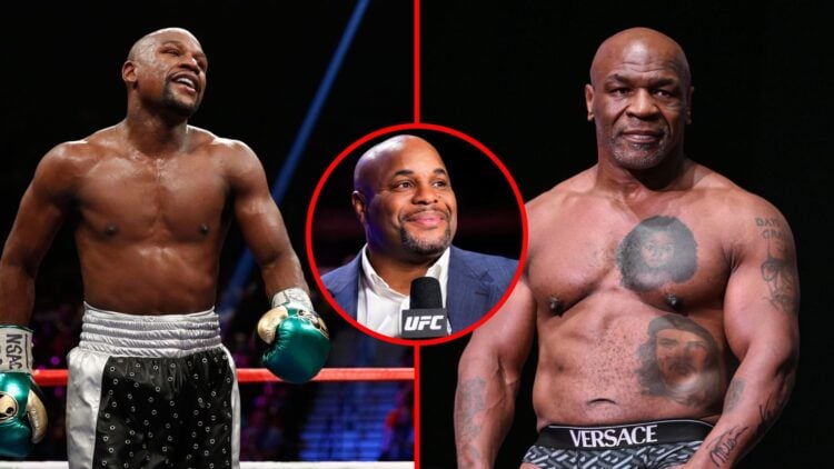 Split image of Floyd Mayweather boxing and Mike Tyson weighing-in with inset of Daniel Cormier