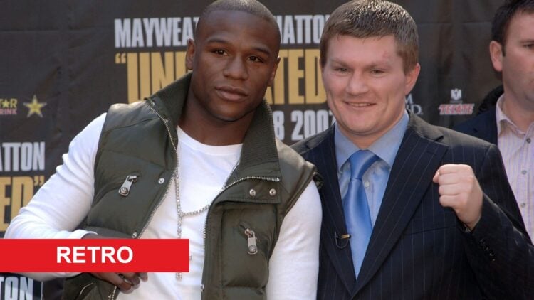 Floyd Mayweather poses alongside Ricky Hatton with retro label