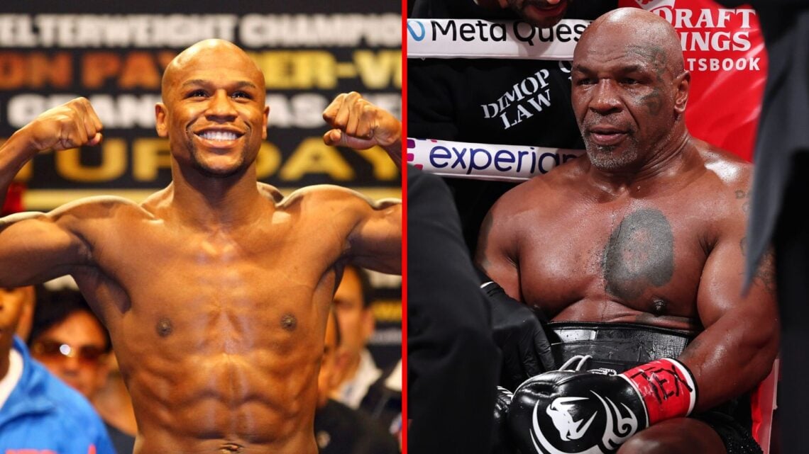 Split image of Floyd Mayweather weighing-in and Mike Tyson in the corner