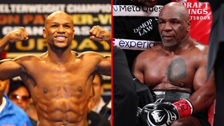 Split image of Floyd Mayweather weighing-in and Mike Tyson in the corner