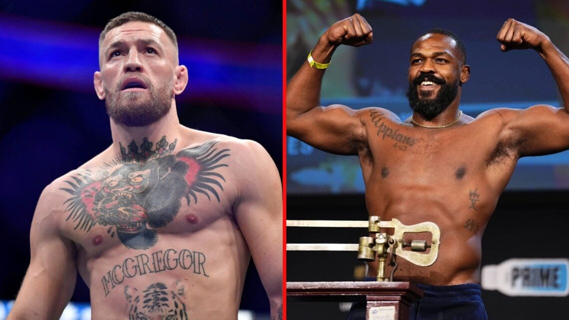 Split image of Conor McGregor in the cage and Jon Jones weighing-in