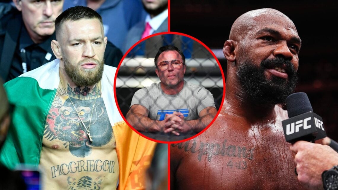 Split image of Conor McGregor walking to the cage and Jon Jones being interviewed with inset of Chael Sonnen
