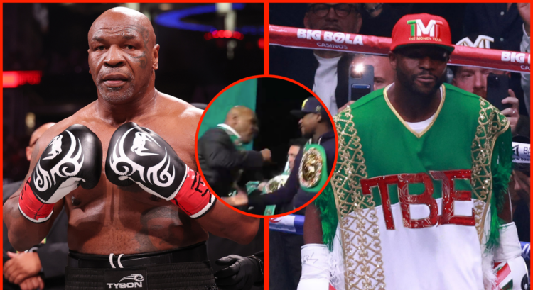 Mike Tyson during his fight with Jake Paul, Floyd Mayweather prior to his rematch with John Gotti III and a bubble showing Mike Tyson almost punchi...