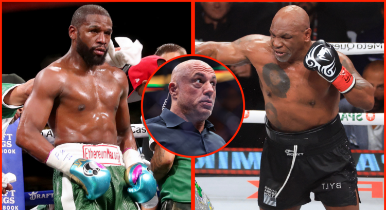 Left photo shows Floyd Mayweather before a fight, Right photo shows Mike Tyson throwing a punch and centre bubble shows Joe Rogan looking shocked