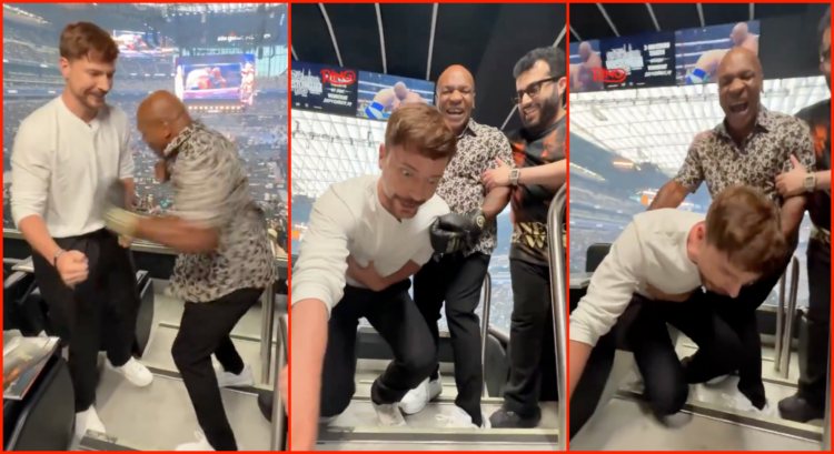 Three slides showing Mike Tyson punching MrBeast and MrBeast's reaction as he is dropped, including one with wide eyes