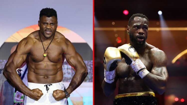 Split image of Francis Ngannou weighing-in and Deontay Wilder boxing