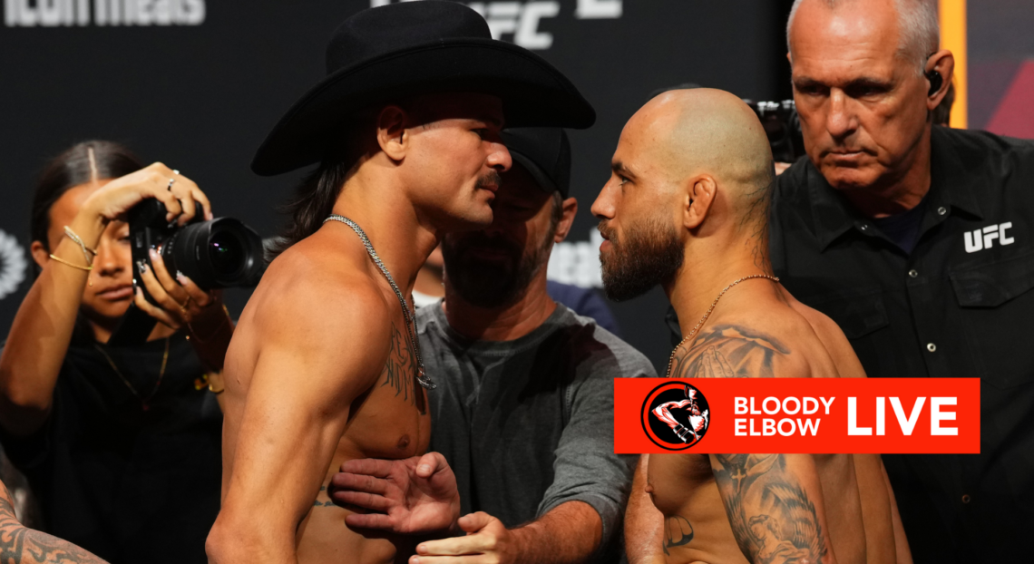Diego Lopes, wearing a black sombrero and Jean Silva face off at ceremonial weigh-ins