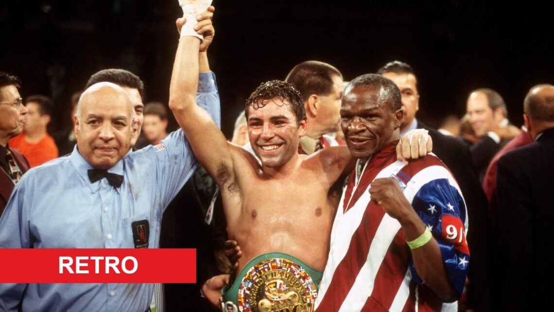 Oscar De La Hoya celebrates beating Fernando Vargas with retro label